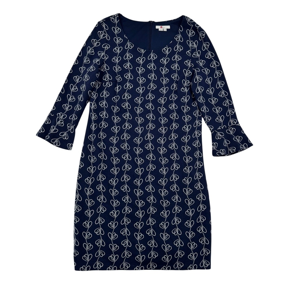 Boden Newlyn Jacquard Dress Women 12R Navy Blue Excellent Heart Bell Sleeve